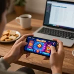 Pengalaman permainan Mega888today yang mempamerkan aplikasi kasino mudah alih yang berwarna-warni di telefon pintar dalam suasana yang selesa
