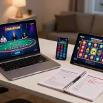 Engaged player strategizing for online gambling with FIVE88, showcasing laptop and mobile devices in action