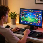 Player engaged in 555win online casino gaming, showcasing vibrant game interface and responsible play.