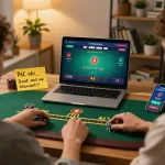 MM88 player enjoying live Blackjack game on laptop in cozy home office.