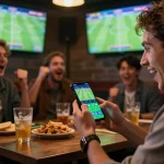 Soi Kèo user placing bets on smartphone while enjoying live sports, highlighting dynamic engagement in gambling.