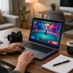 Engaged user enjoying rr88 online poker gameplay on a laptop in a cozy home environment.