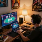 Player enjoying CF68 online casino gaming on laptop in cozy home office setup