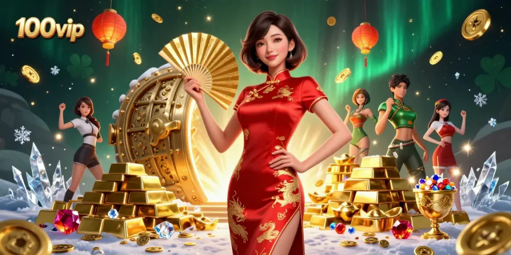 Experience thrilling wins at 100vip, surrounded by glamorous casino elements and precious treasures.