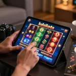 Engaging with kdslots on a tablet, showcasing vibrant online slot reels.