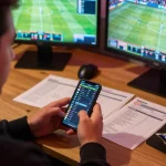 Person intensely monitoring KQBD live sports scores on smartphone during betting session.