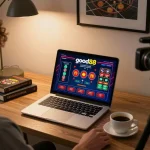 Enjoying a thrilling game at good88 online casino from a stylish home office.