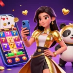 Rayakan kemenangan dengan slot gacor dalam adegan 3D yang cerah menampilkan smartphone dan panda emas!