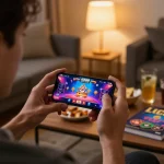 Engaging in the LC88 game app on smartphone, showcasing vibrant graphics and cozy atmosphere.