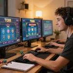 Tg88 game enthusiast engaging with online casino on multiple screens in a cozy, stylish workspace.