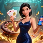 S8 leads an exciting casino scene with a confident woman holding a smartphone and golden chip.