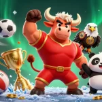 Win big at DU88 with a dynamic scene of a bull mascot and friends celebrating with sports balls and trophies.