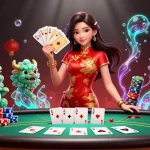 Abssw poker scene featuring an elegant woman in qipao, jade lion guardian, and vibrant game elements.