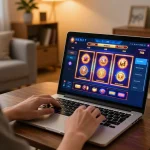 MM88 player engaging in online slots with a cozy home setup and vibrant game interface