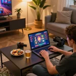 Engaging with Pragmatic Slot on a laptop in a cozy home environment, showcasing responsible gaming.