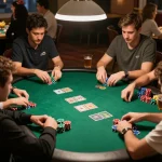 Players engaging in a competitive Qh99 poker game, showcasing strategy with chips and community cards.