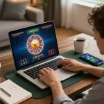 Player focused on online casino game at home with 123bmvp laptop, warm lighting and betting notes.