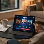 Player engaging with the LLWIN casino app on a tablet in a cozy home setting.