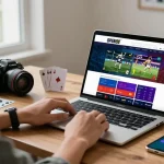 Engaging user betting on OPEN88 online gambling platform with sports memorabilia and vibrant display