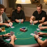 Players engaged in a thrilling poker game at nk88mvp home setting, chips stacked, and cards held high.