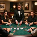 Players engaging in a tense blackjack game at a luxurious NK88 table, showcasing strategy and excitement.