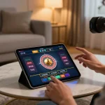 Engaging in an exciting online roulette game at home with dash88 tablet in hand and festive atmosphere.