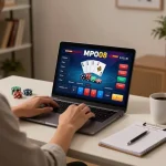 MPO08 online gaming setup displaying poker interface on a laptop, enticing players to engage