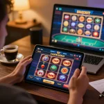 Engaging online gaming moment at bästa casino utan svensk licens featuring player strategizing with tablet.