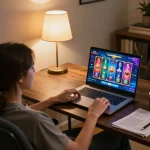 Player engaging with a demo slot game on a laptop, showcasing strategic online gaming.