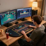 Player engaging with live roulette on TG88 platform from a stylish home office.