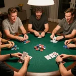 TX88 poker night scene with friends playing cards, colorful chips visible, exciting home atmosphere.