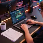 Engaged player using laptop for SC88 online gaming strategy