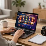Engaging gameplay on a laptop showcasing Sunwin casino settings with vibrant graphics and strategic planning notes.
