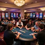Players engaged in strategic poker gameplay at a TR88 casino, vibrant atmosphere with colorful lights.