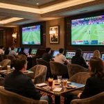 Excited bettors engaging in sports betting at a luxurious casino lounge while using g28tv for the best odds.