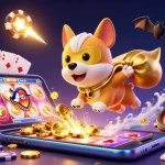 Join the action with DA88 as cartoon dog superhero flies amidst colorful gambling elements.
