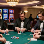 Players strategizing during a high-stakes poker game at a luxury casino, mantra88 highlighted.