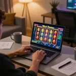 Playing Slot Demo games on a laptop in a cozy home office with strategy notes visible
