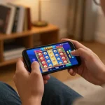 Player engaging with GG88 mobile casino app on smartphone, showcasing vibrant slot machine game in a cozy home setting