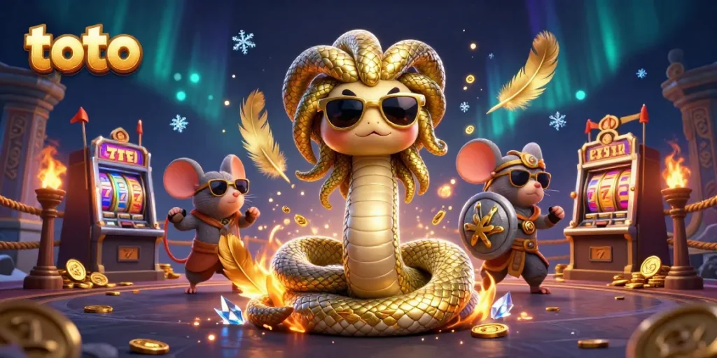Spin the reels of the toto lottery in this vibrant casino illustration featuring Medusa and friends.