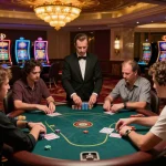 Players engage in a high-stakes poker game at a luxurious casino with gen-e branding highlighted.