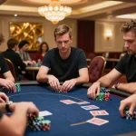 Players engaged in high-stakes poker at HIT CLUB casino table with colorful chips and cards