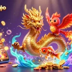 Engage with tỷ lệ kèo nhà cái in this vibrant scene featuring a golden dragon, phoenix, and koi fish with dynamic casino elements.