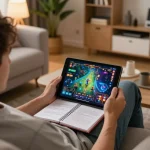 Player engaging with PGSLOT on tablet in a comfortable home environment, illustrating responsible gaming.