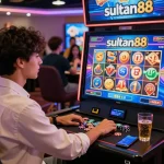 Engaging gameplay with sultan88 logo on vibrant online casino screen surrounded by chips and drinks.