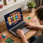 Player enjoying a winning moment on LGOSUPER during an online slot session, showcasing vibrant screen activity.