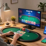 Engage in gameplay at 789win online casino with poker setup, chips spread out, and strategy notepad.