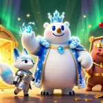 Spin to win at blaze, featuring a majestic ice king polar bear, with gold treasures, slot icons and dynamic energy.