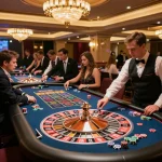 Experience the excitement of roulette at 77WIN with players engaging and betting in a luxurious casino.