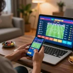 KADAL778 sports betting setup with a user placing bets on a smartphone in a cozy living room.